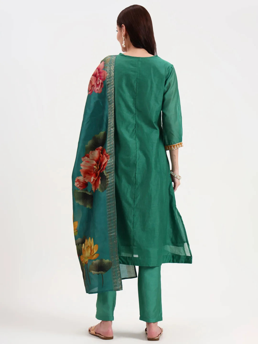 Green Chanderi A Line Dori Embroidery Kurta Set With Pant And Dupatta