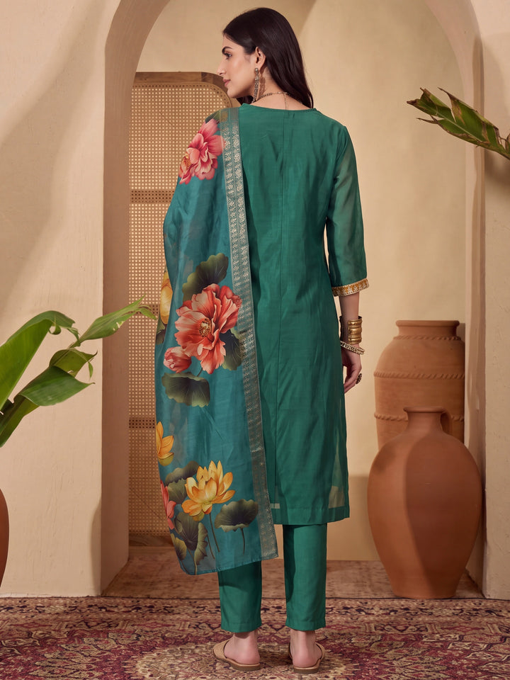 Green Chanderi A-Line Dori-Embroidery Kurta Set With Pant And Dupatta