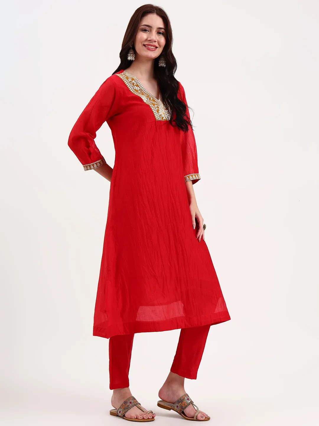 Red Chanderi A Line Dori Embroidery Kurta Set With Pant And Dupatta