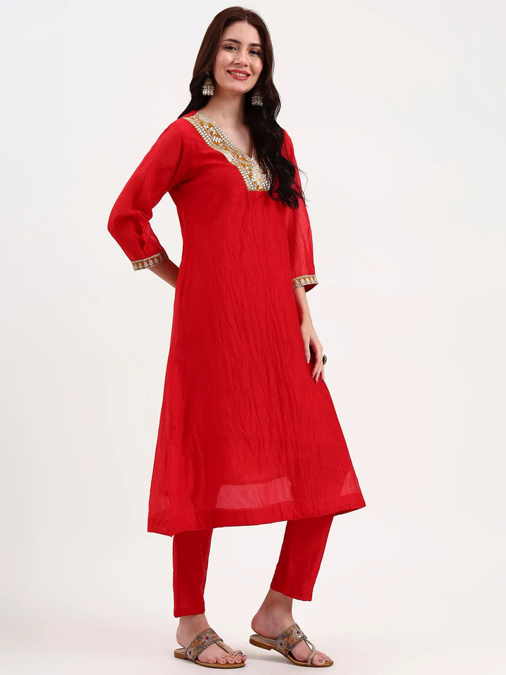 Red Chanderi A Line Dori Embroidery Kurta Set With Pant And Dupatta