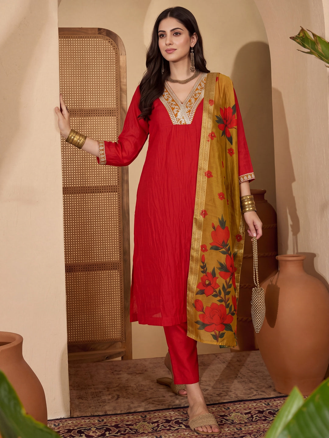 Red Chanderi A-Line Dori-Embroidery Kurta Set With Pant And Dupatta