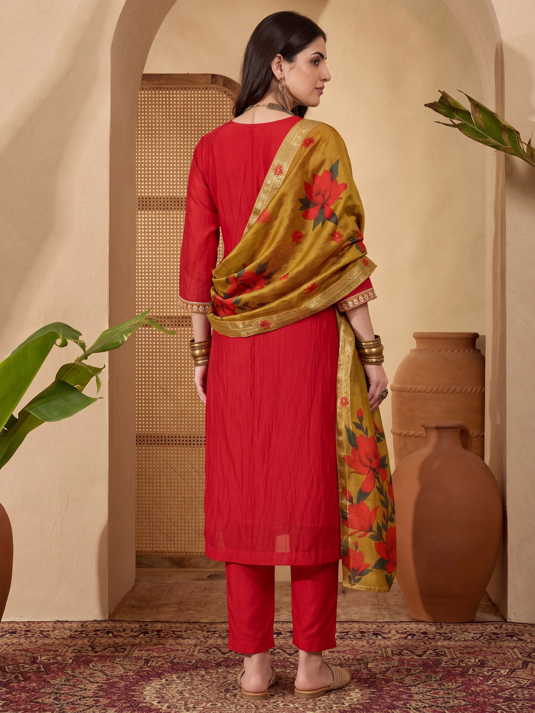 Red Chanderi A-Line Dori-Embroidery Kurta Set With Pant And Dupatta