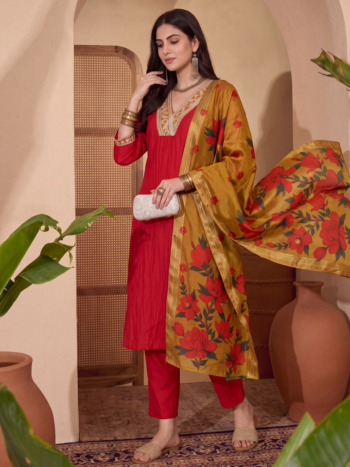 Red Chanderi A-Line Dori-Embroidery Kurta Set With Pant And Dupatta