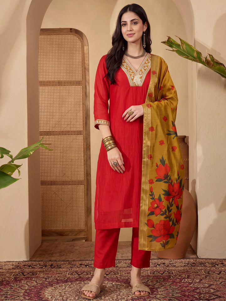 Red Chanderi A-Line Dori-Embroidery Kurta Set With Pant And Dupatta