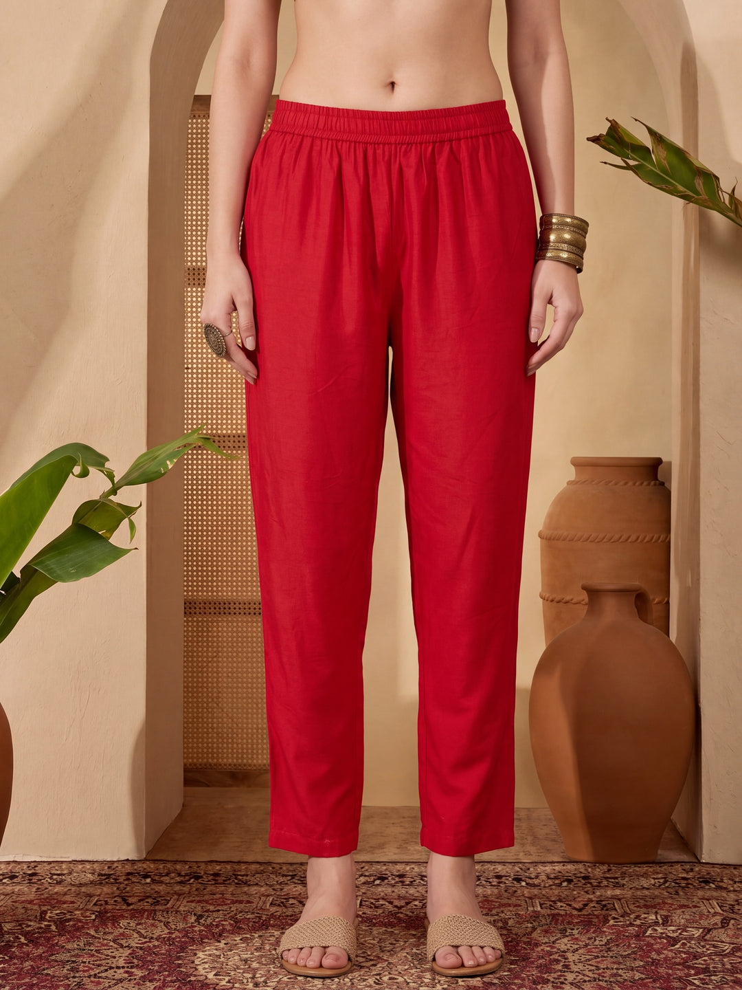 Red Chanderi A-Line Dori-Embroidery Kurta Set With Pant And Dupatta