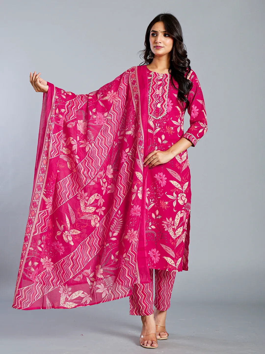Pink Floral Cotton Straight Kantha Work Kurta Trouser Dupatta Set