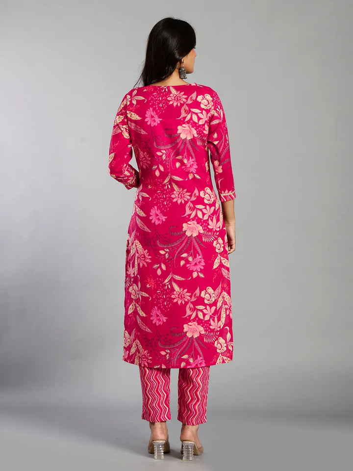 Pink Floral Cotton Straight Kantha Work Kurta Trouser Dupatta Set