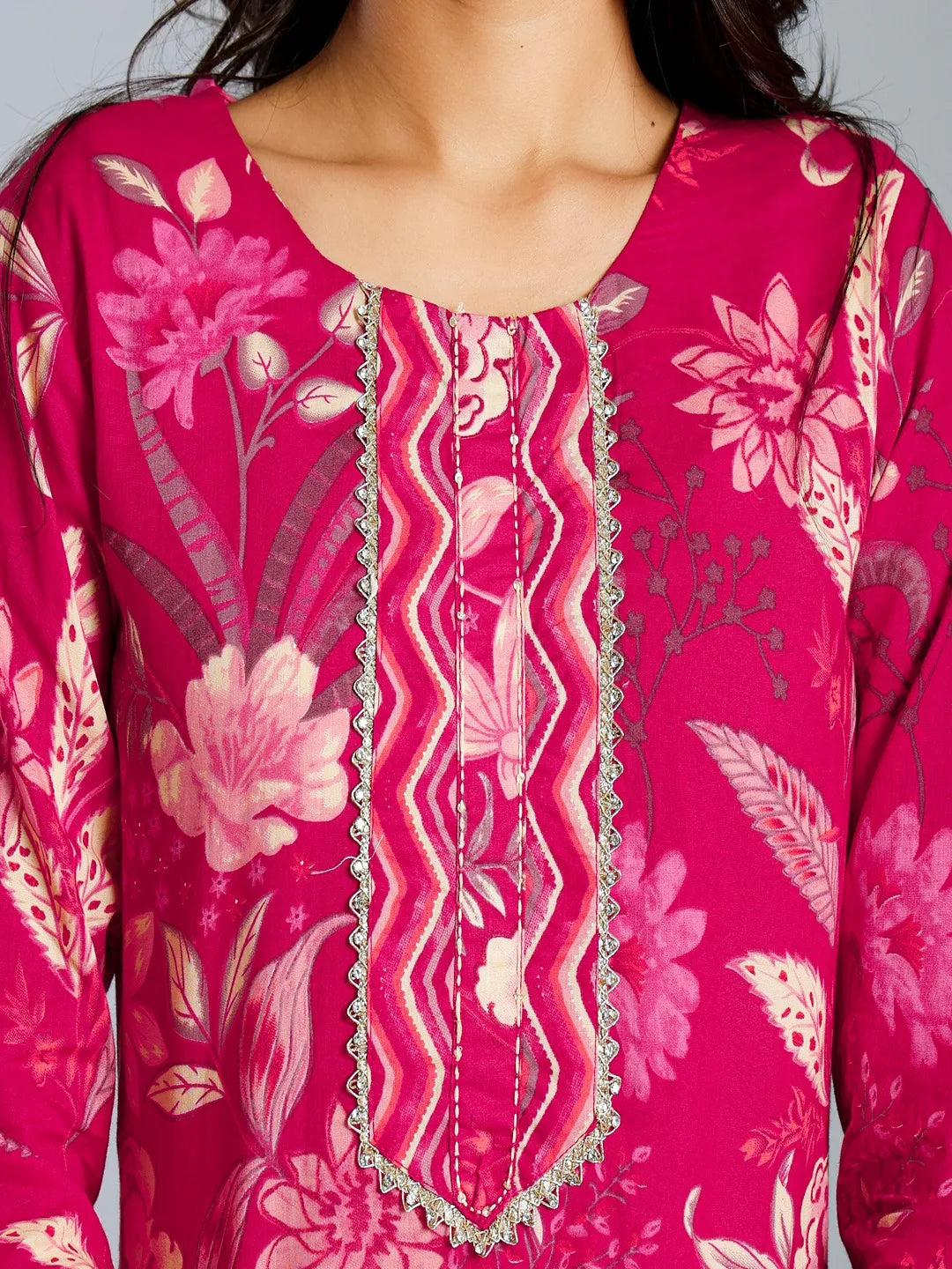 Pink Floral Cotton Straight Kantha Work Kurta Trouser Dupatta Set