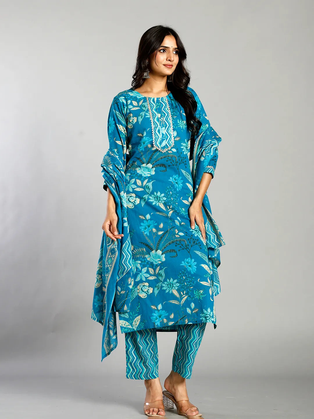Turquoise Blue Floral Cotton Straight Kantha Work Kurta Trouser Dupatta Set