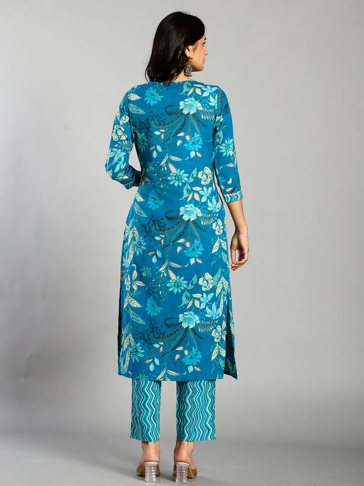 Turquoise Blue Floral Cotton Straight Kantha Work Kurta Trouser Dupatta Set