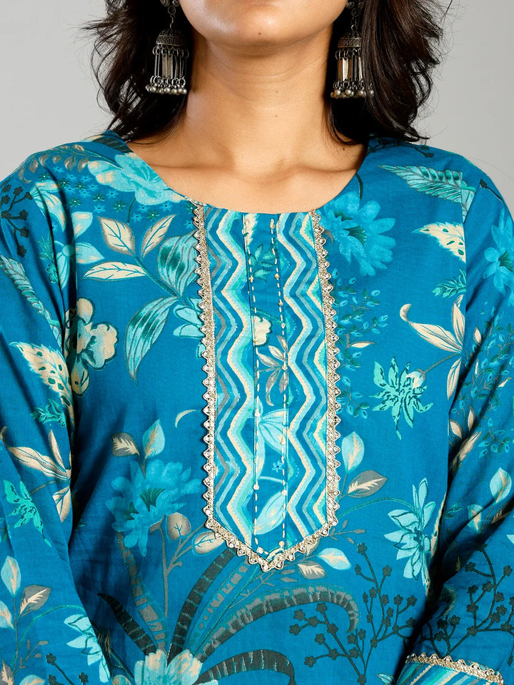 Turquoise Blue Floral Cotton Straight Kantha Work Kurta Trouser Dupatta Set