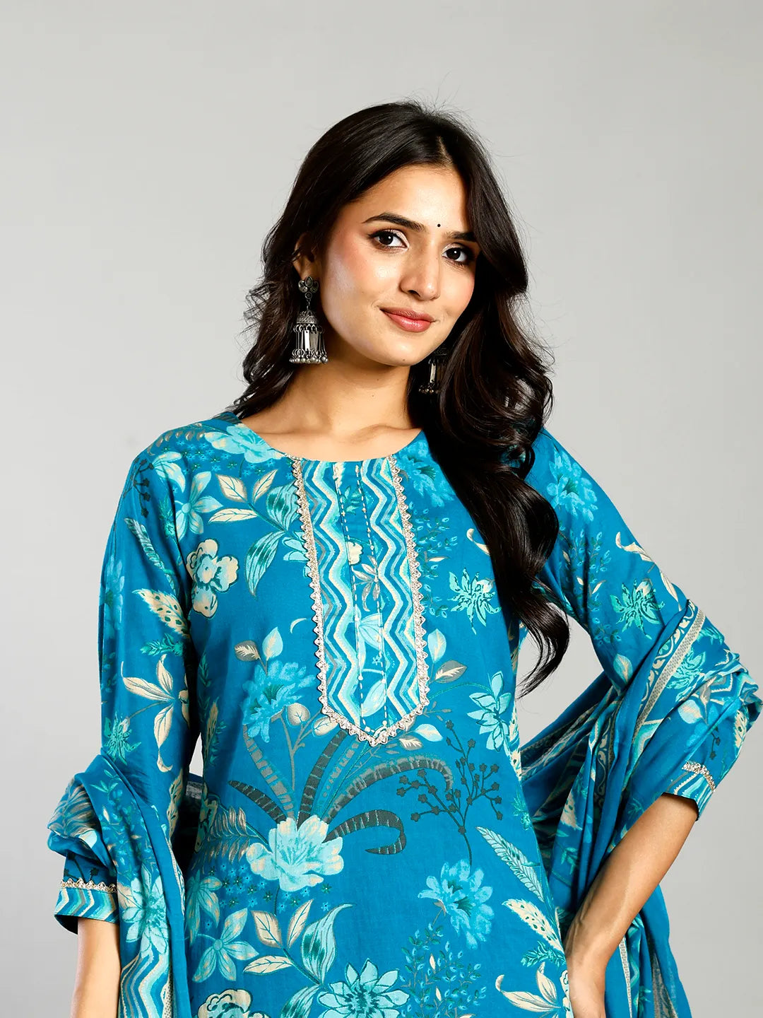 Turquoise Blue Floral Cotton Straight Kantha Work Kurta Trouser Dupatta Set