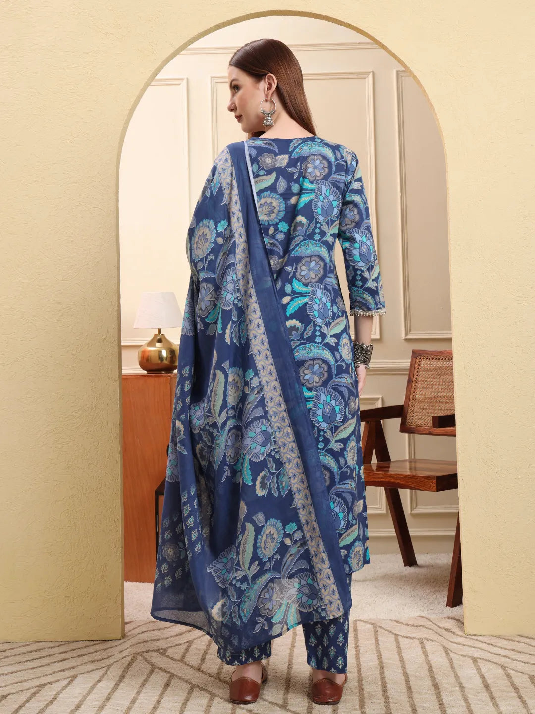 Blue Beads And Stones Straight Kurta Trouser Dupatta Set