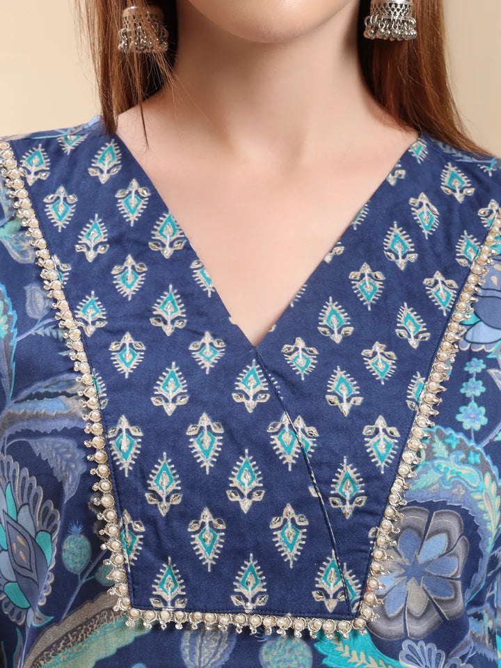 Blue Beads And Stones Straight Kurta Trouser Dupatta Set