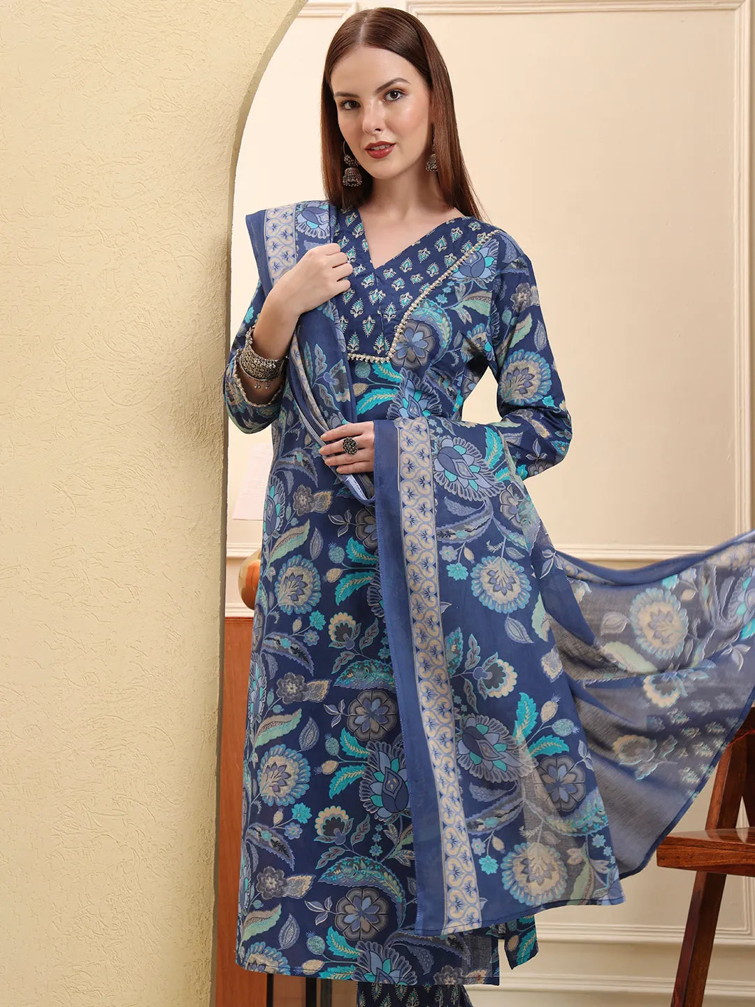 Blue Beads And Stones Straight Kurta Trouser Dupatta Set