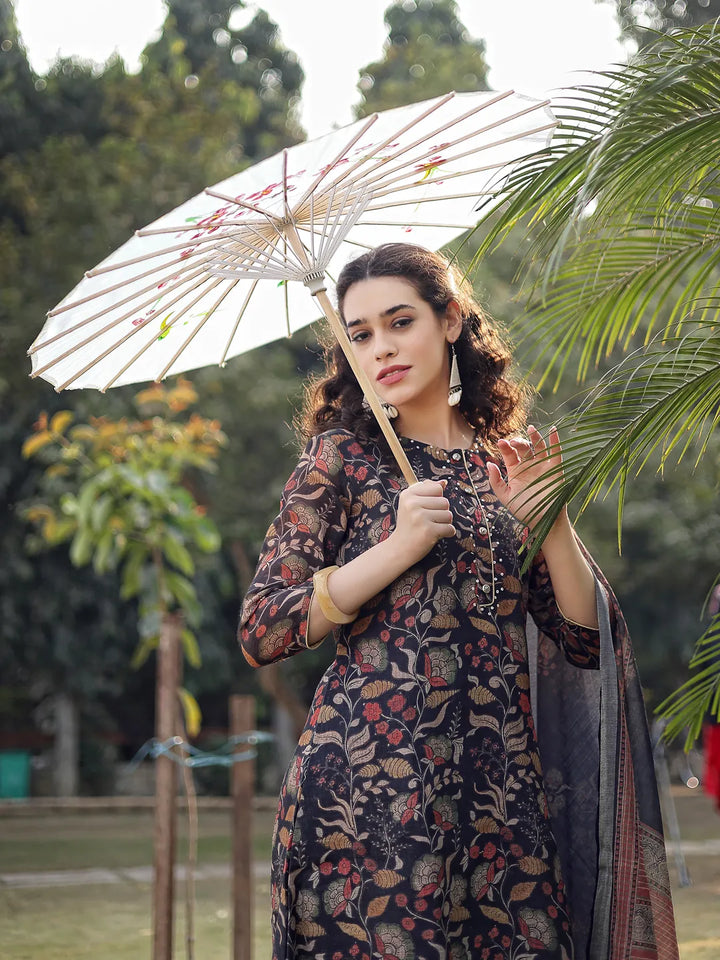 Black Floral Print Lilen A Line Have A Lining Kurta Trouser Dupatta Set