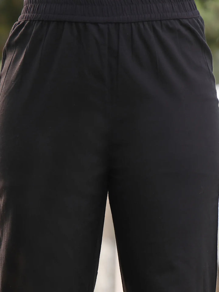 Black Floral Print Lilen A Line Have A Lining Kurta Trouser Dupatta Set