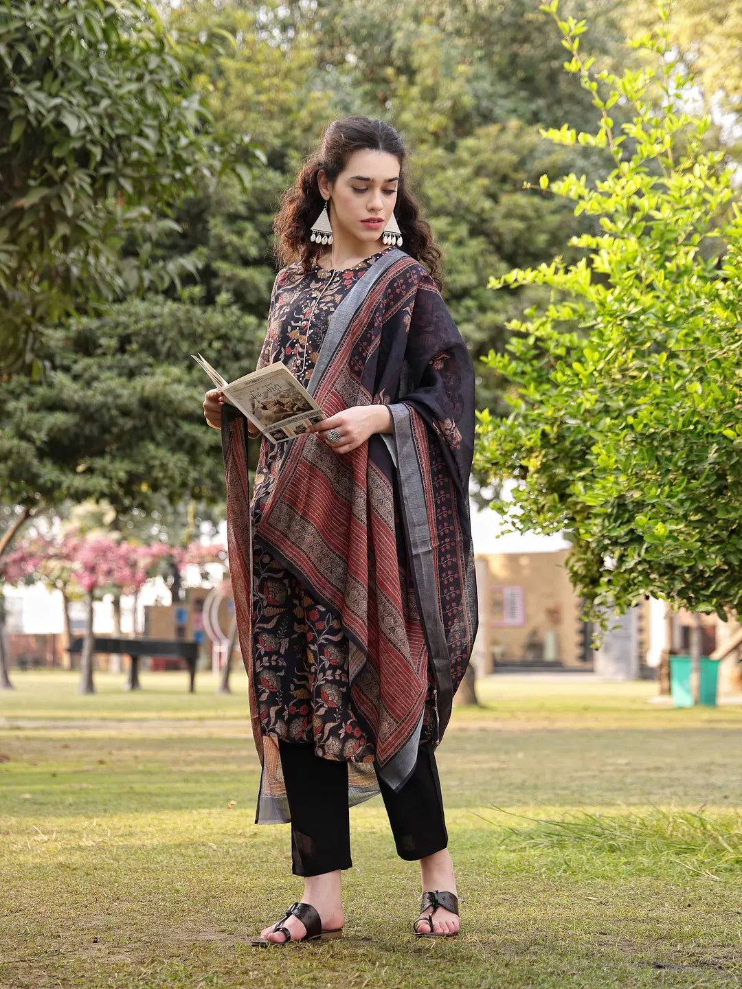 Black Floral Print Lilen A Line Have A Lining Kurta Trouser Dupatta Set