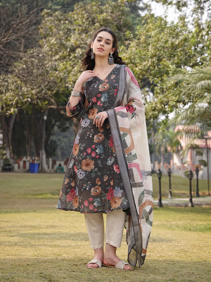 Military Green Floral Print Lilen A Line Have A Lining Kurta Trouser Dupatta Set