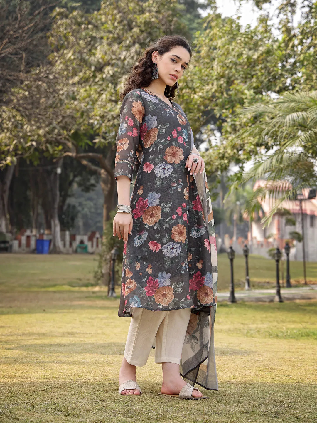 Military Green Floral Print Lilen A Line Have A Lining Kurta Trouser Dupatta Set