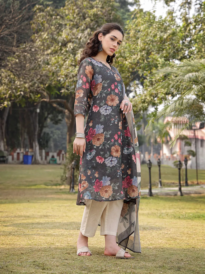 Military Green Floral Print Lilen A Line Have A Lining Kurta Trouser Dupatta Set