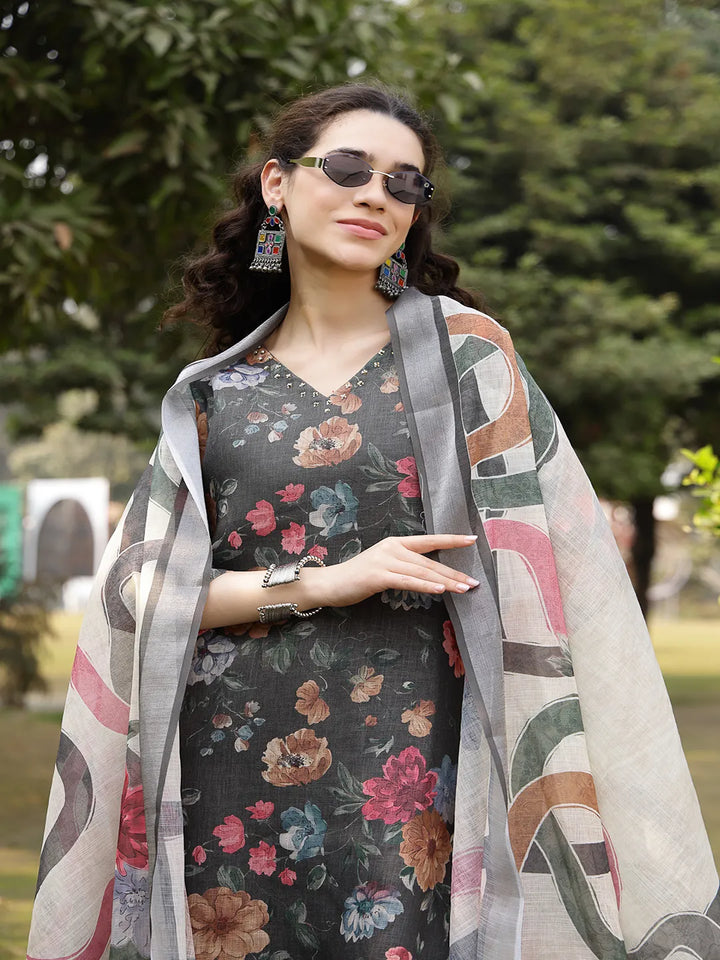 Military Green Floral Print Lilen A Line Have A Lining Kurta Trouser Dupatta Set