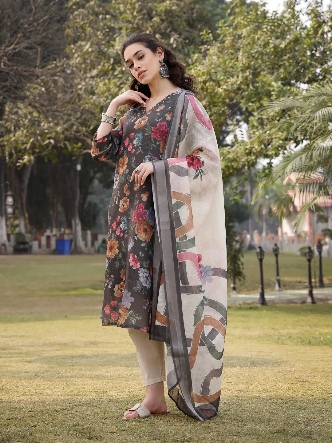 Military Green Floral Print Lilen A Line Have A Lining Kurta Trouser Dupatta Set