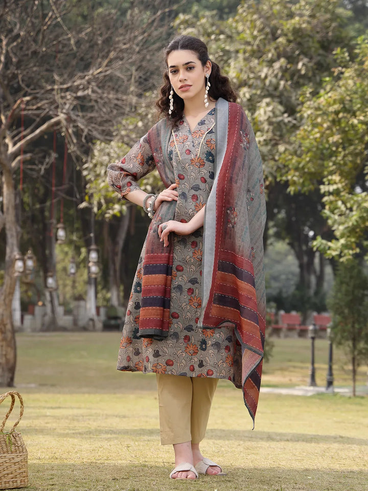 Green Floral Print Lilen A Line Have A Lining Kurta Trouser Dupatta Set