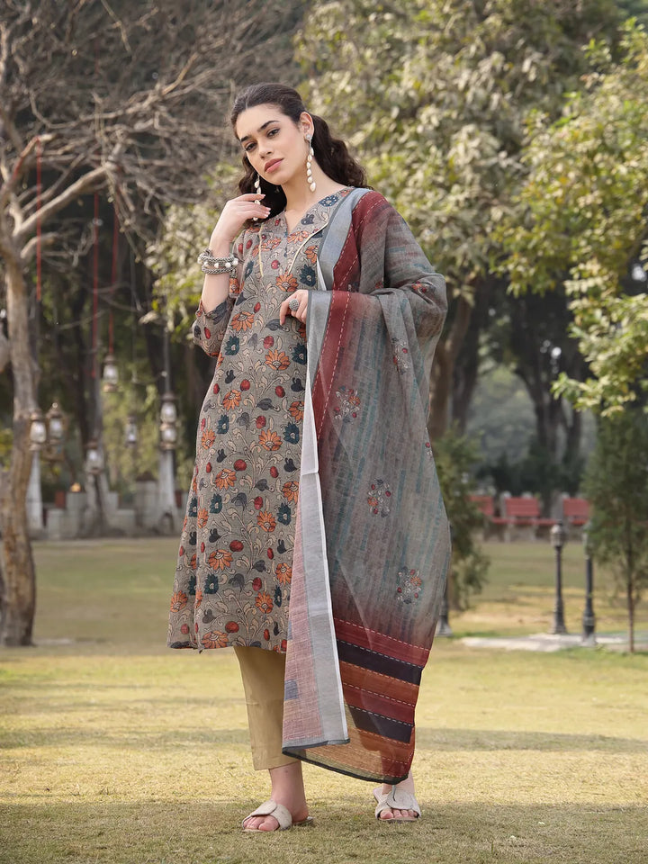 Green Floral Print Lilen A Line Have A Lining Kurta Trouser Dupatta Set