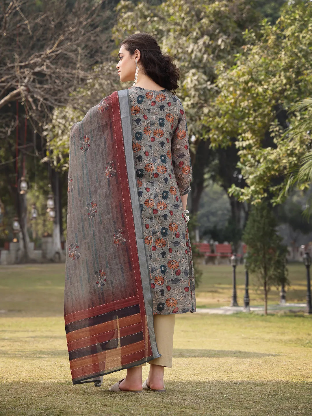 Green Floral Print Lilen A Line Have A Lining Kurta Trouser Dupatta Set