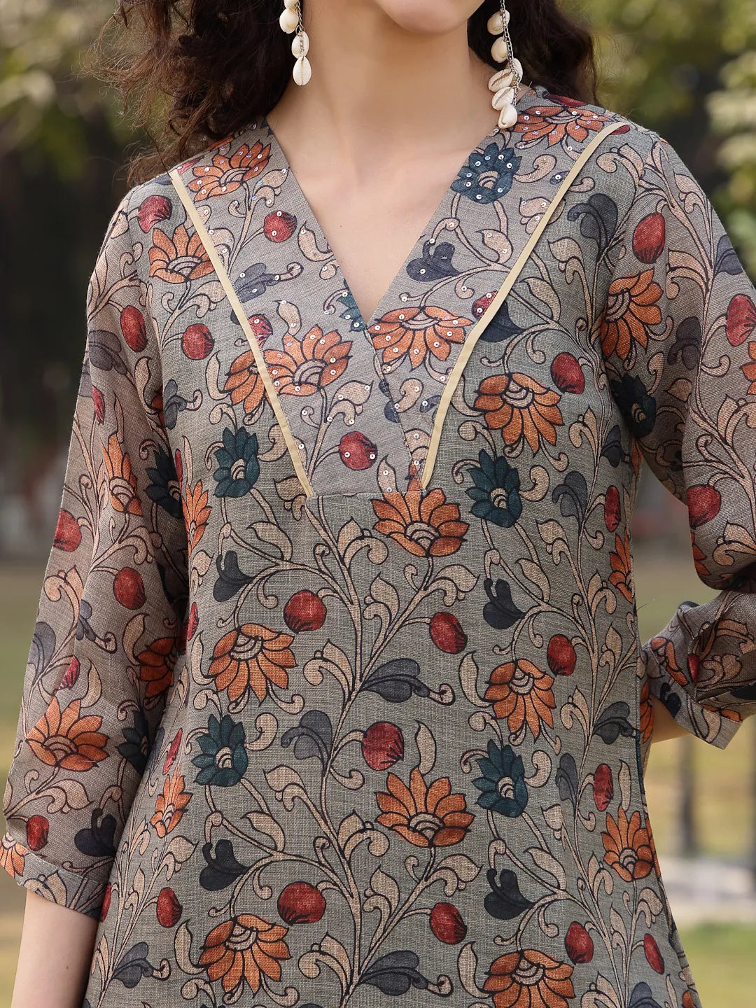 Green Floral Print Lilen A Line Have A Lining Kurta Trouser Dupatta Set