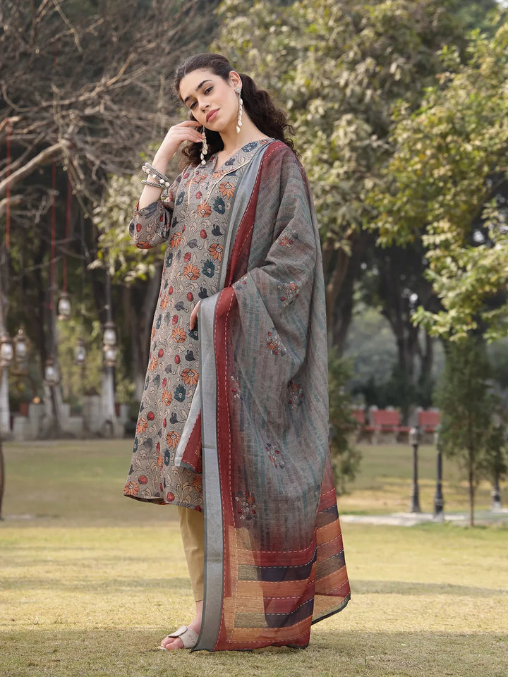 Green Floral Print Lilen A Line Have A Lining Kurta Trouser Dupatta Set