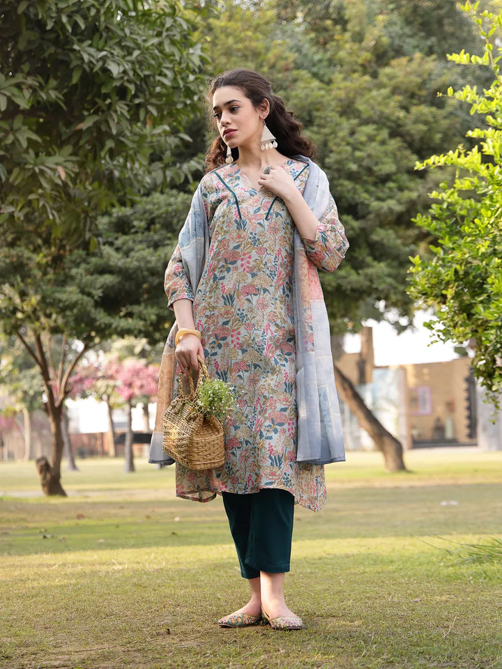 Grey Floral Print Lilen A Line Have A Lining Kurta Trouser Dupatta Set