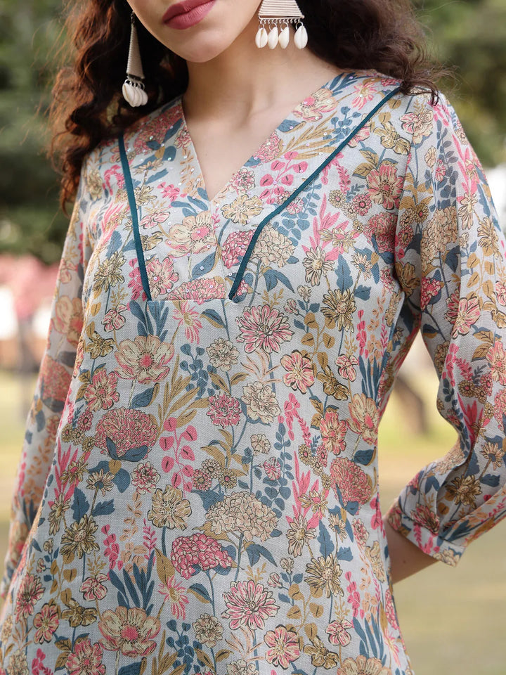 Grey Floral Print Lilen A Line Have A Lining Kurta Trouser Dupatta Set