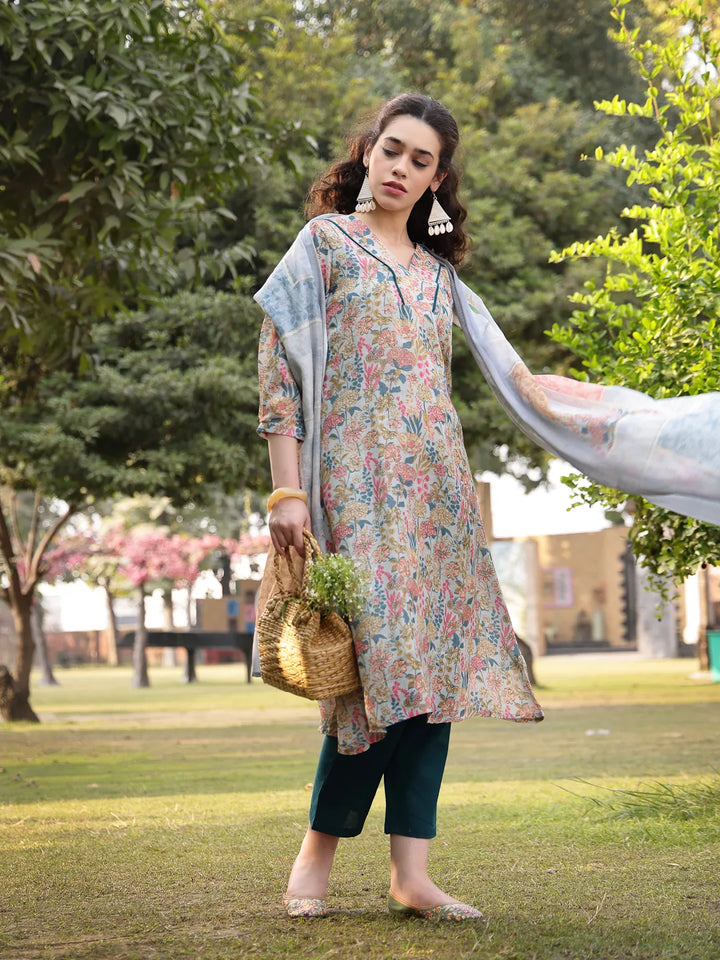 Grey Floral Print Lilen A Line Have A Lining Kurta Trouser Dupatta Set