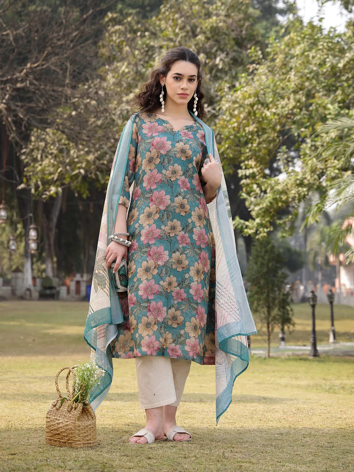 Turquoise Blue Floral Print Lilen A Line Have A Lining Kurta Trouser Dupatta Set