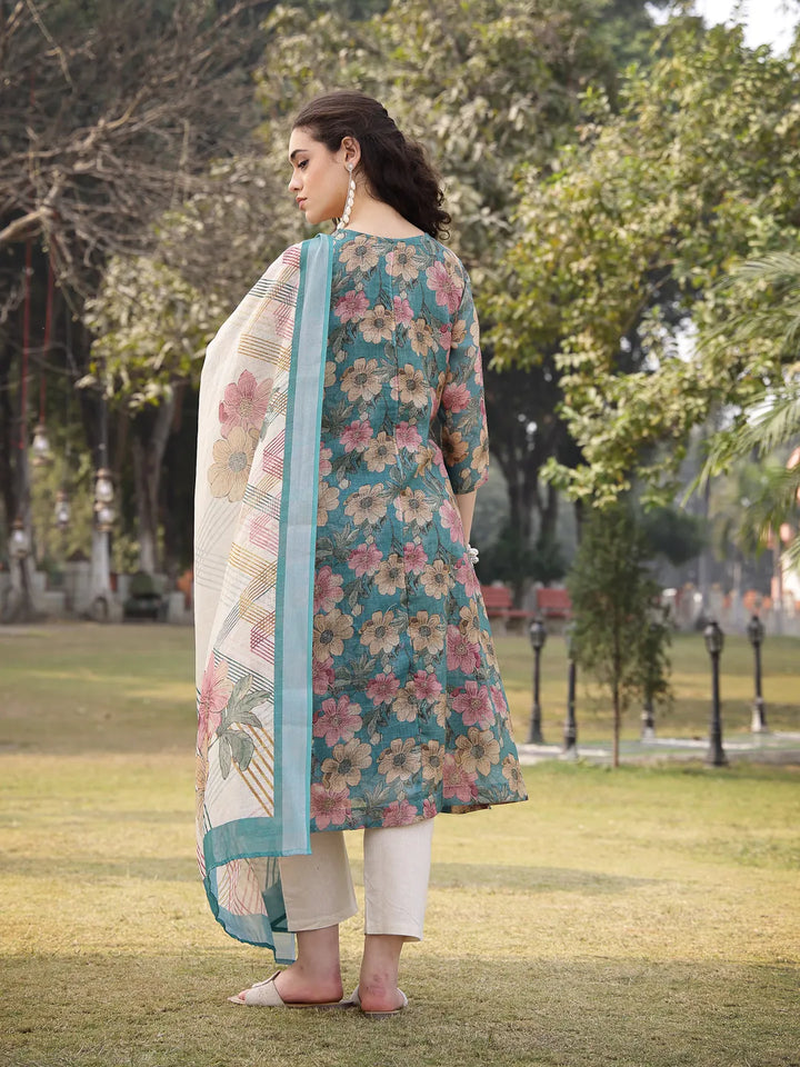Turquoise Blue Floral Print Lilen A Line Have A Lining Kurta Trouser Dupatta Set