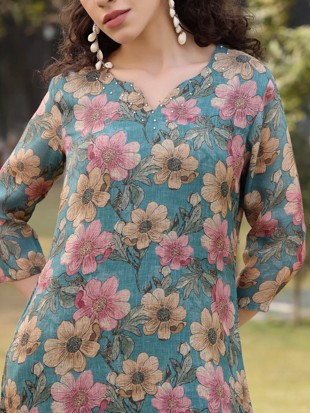Turquoise Blue Floral Print Lilen A Line Have A Lining Kurta Trouser Dupatta Set