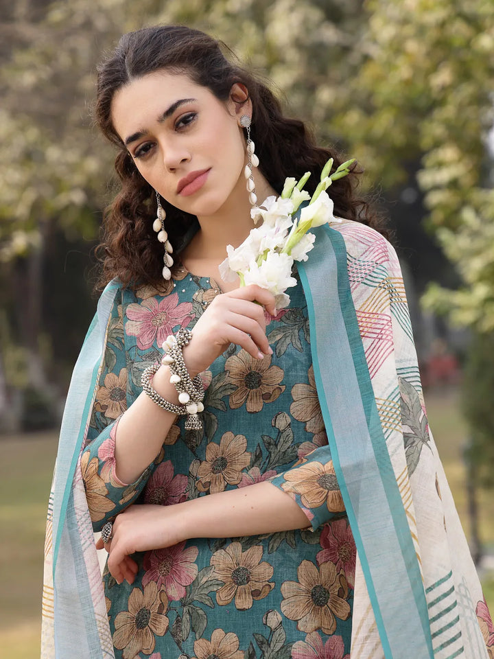 Turquoise Blue Floral Print Lilen A Line Have A Lining Kurta Trouser Dupatta Set