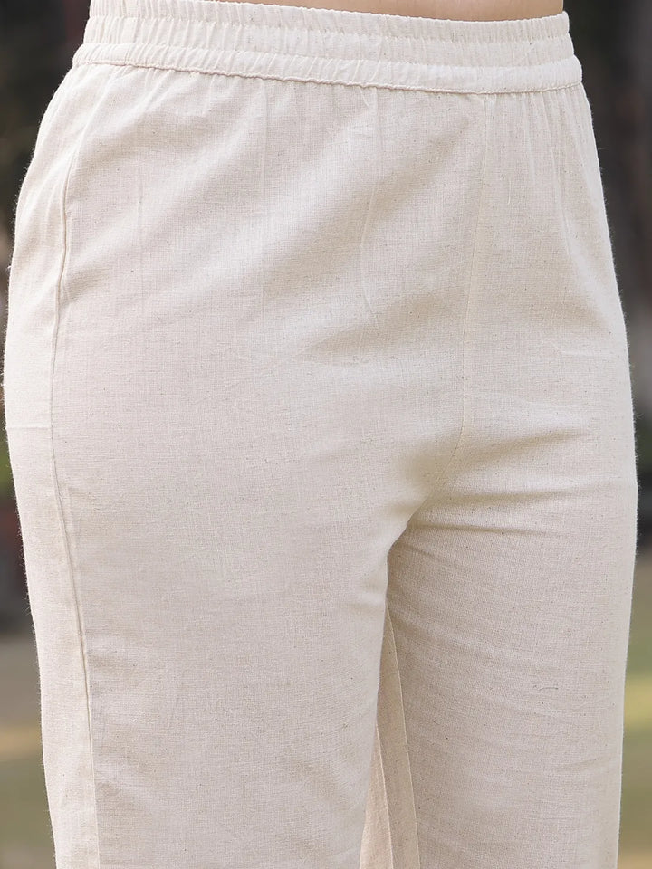 Turquoise Blue Floral Print Lilen A Line Have A Lining Kurta Trouser Dupatta Set