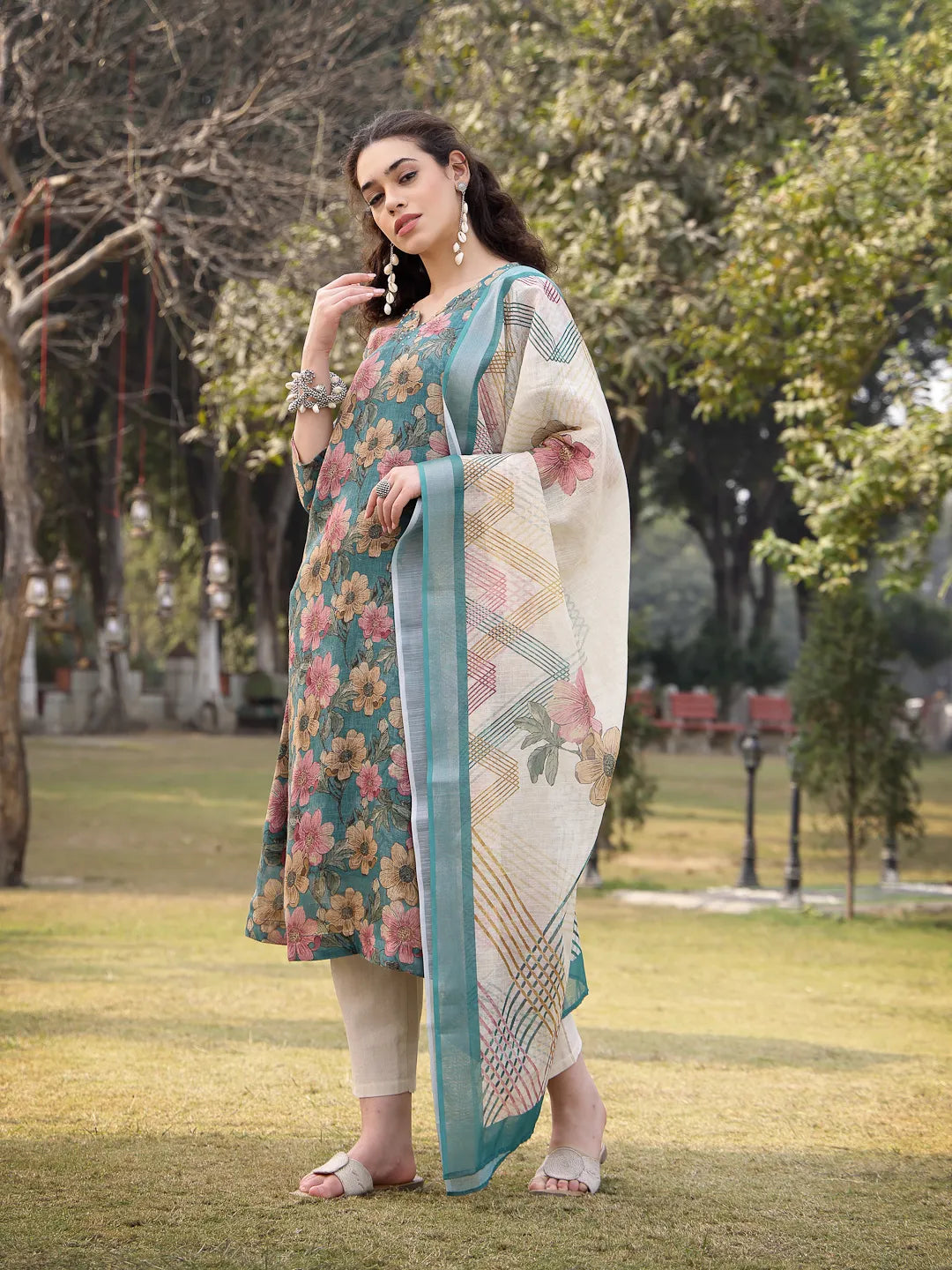 Turquoise Blue Floral Print Lilen A Line Have A Lining Kurta Trouser Dupatta Set