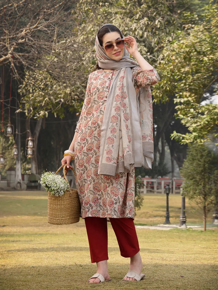 Beige Floral Print Lilen A Line Have A Lining Kurta Trouser Dupatta Set