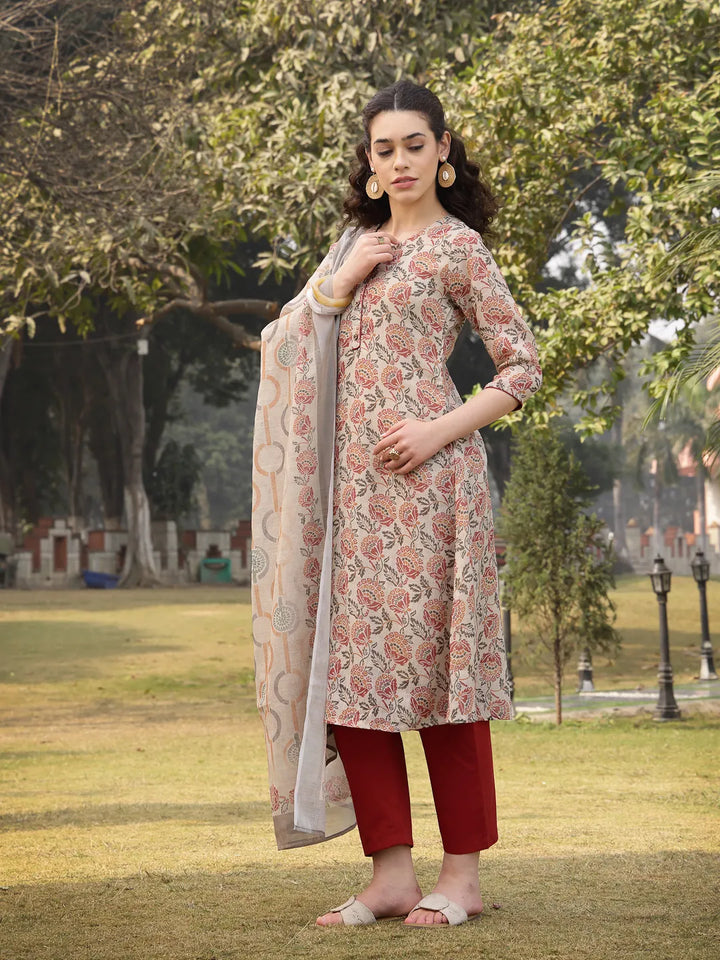 Beige Floral Print Lilen A Line Have A Lining Kurta Trouser Dupatta Set