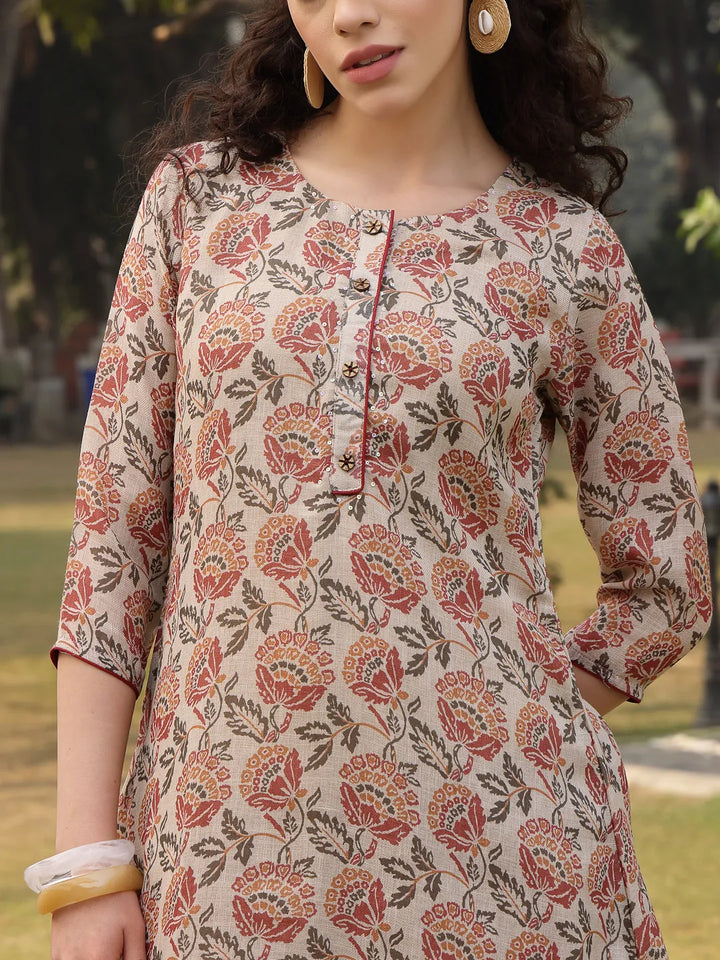Beige Floral Print Lilen A Line Have A Lining Kurta Trouser Dupatta Set
