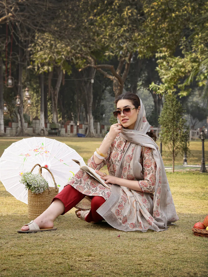 Beige Floral Print Lilen A Line Have A Lining Kurta Trouser Dupatta Set