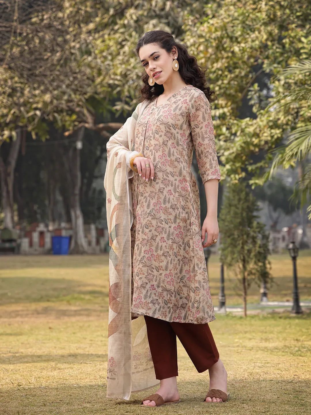 Beige Floral Lilen A Line Have A Lining Kurta Trouser Dupatta Set