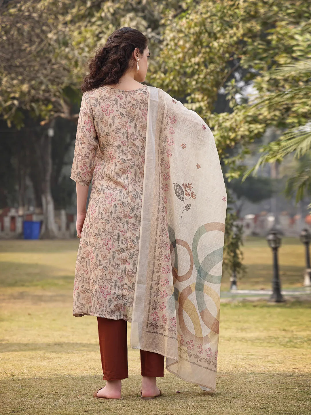 Beige Floral Lilen A Line Have A Lining Kurta Trouser Dupatta Set