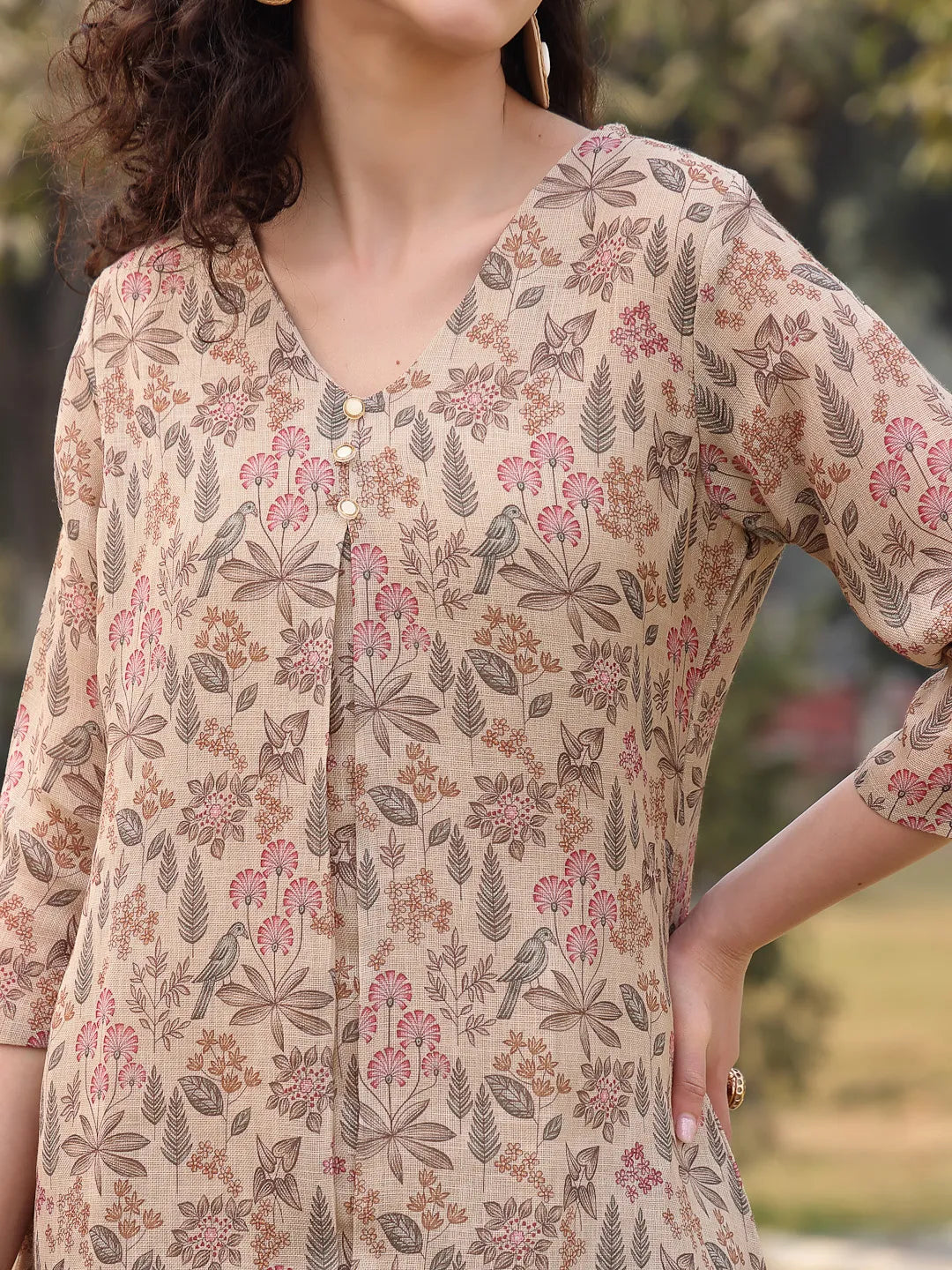 Beige Floral Lilen A Line Have A Lining Kurta Trouser Dupatta Set