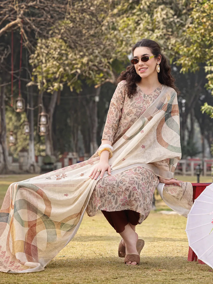 Beige Floral Lilen A Line Have A Lining Kurta Trouser Dupatta Set
