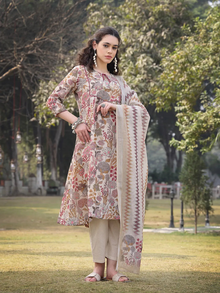 Beige Lilen A-Line Sequins_Work Have A Lining Kurta Trouser Dupatta Set